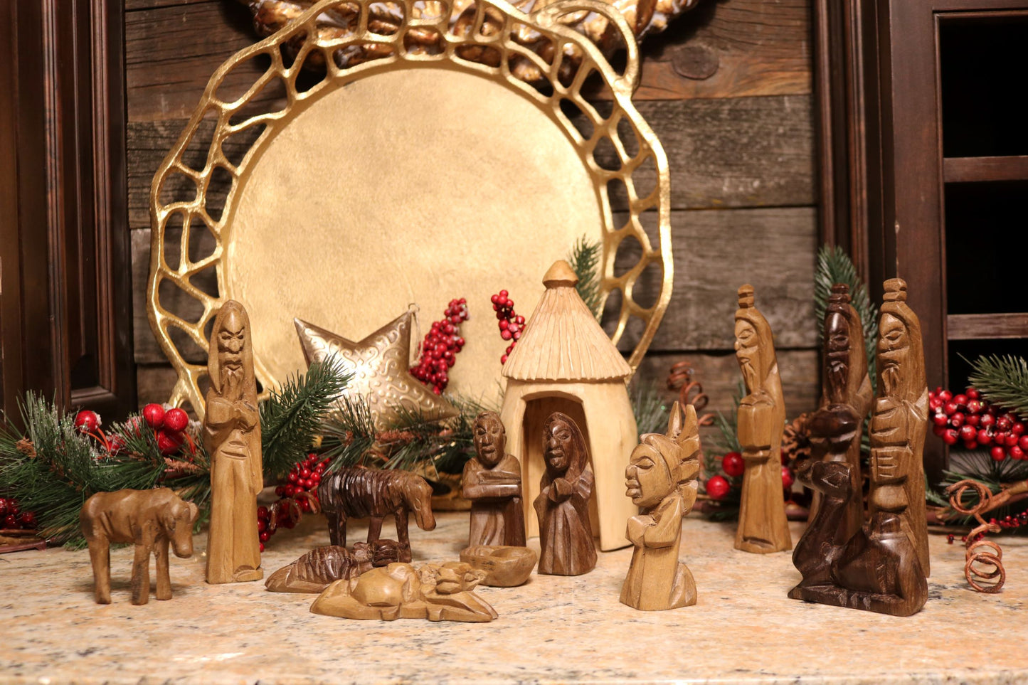 Natural Finish Hand Carved 14 piece West African Ebony wood Nativity scene