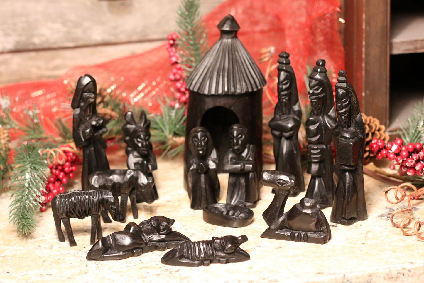 Black Finished Hand Carved 14 piece West African Ebony wood Nativity scene
