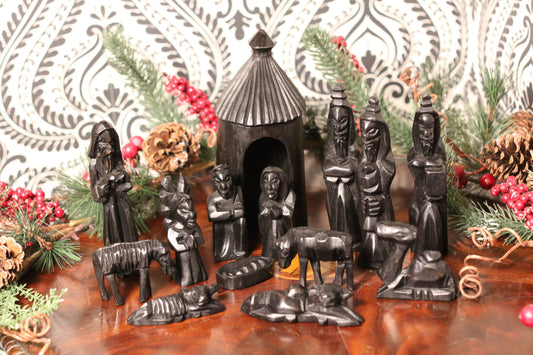 Black Finished Hand Carved 14 piece West African Ebony wood Nativity scene
