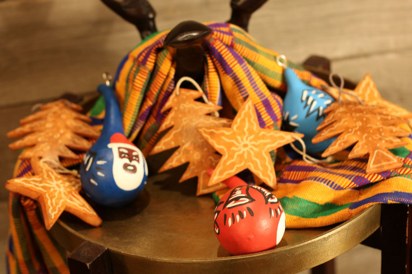 West African Calabash Hand carved and painted ornament set 3 pieces