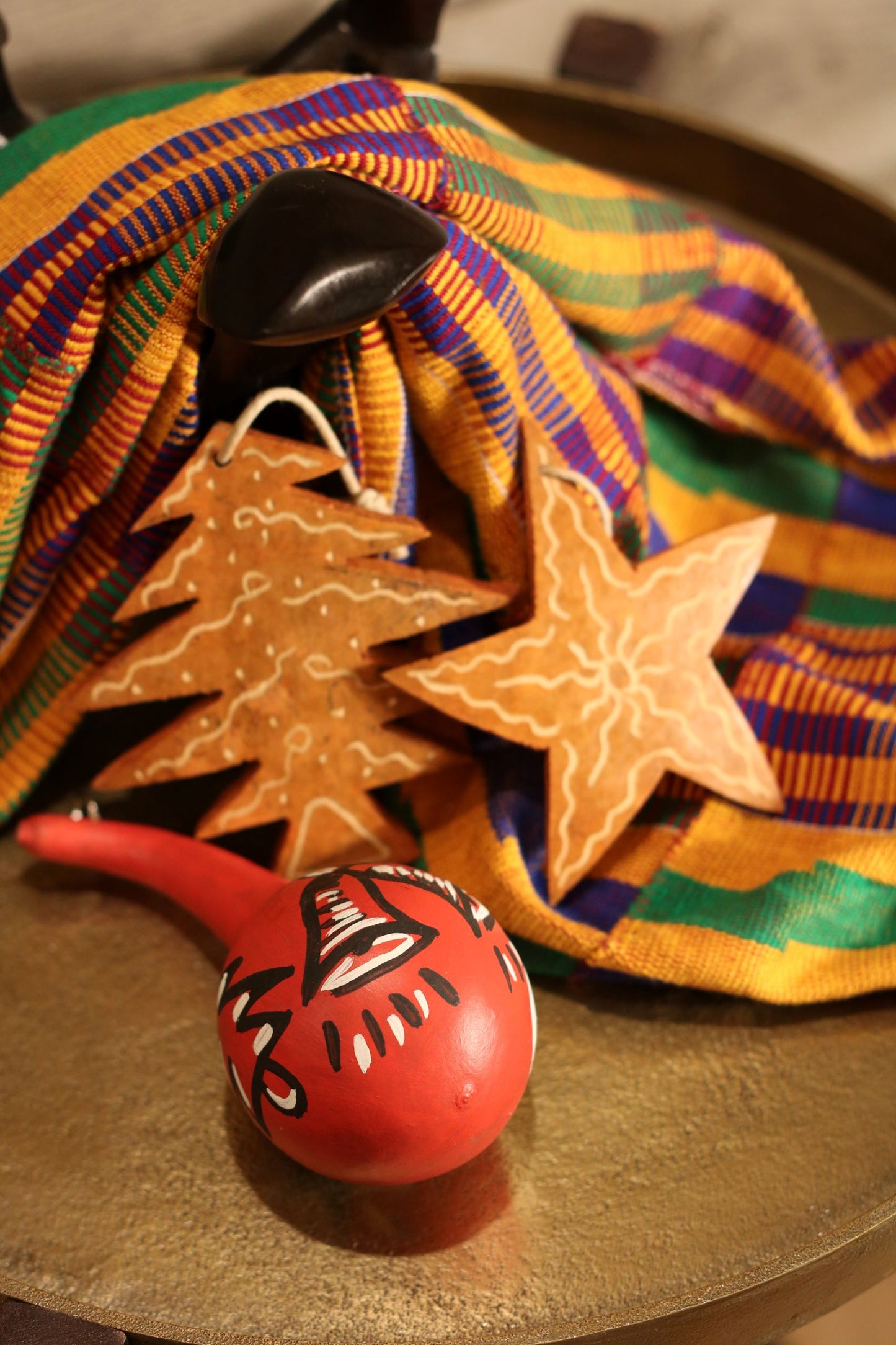 West African Calabash Hand carved and painted ornament set 3 pieces