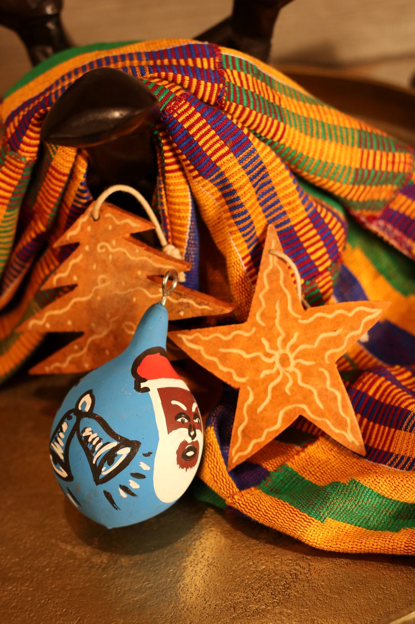 West African Calabash Hand carved and painted ornament set 3 pieces