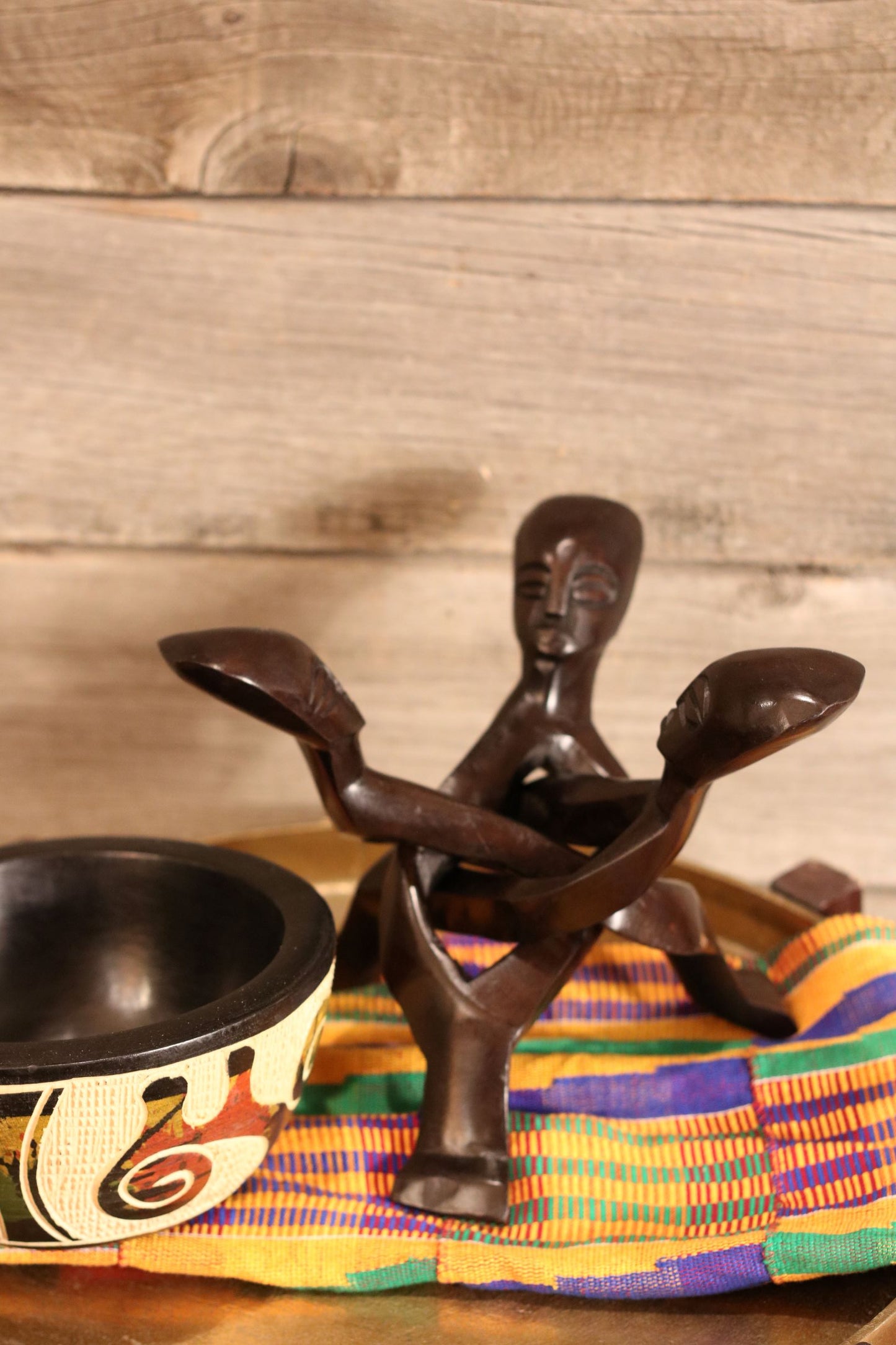 West African Unity Hand Carved Wood Bowl and Stand